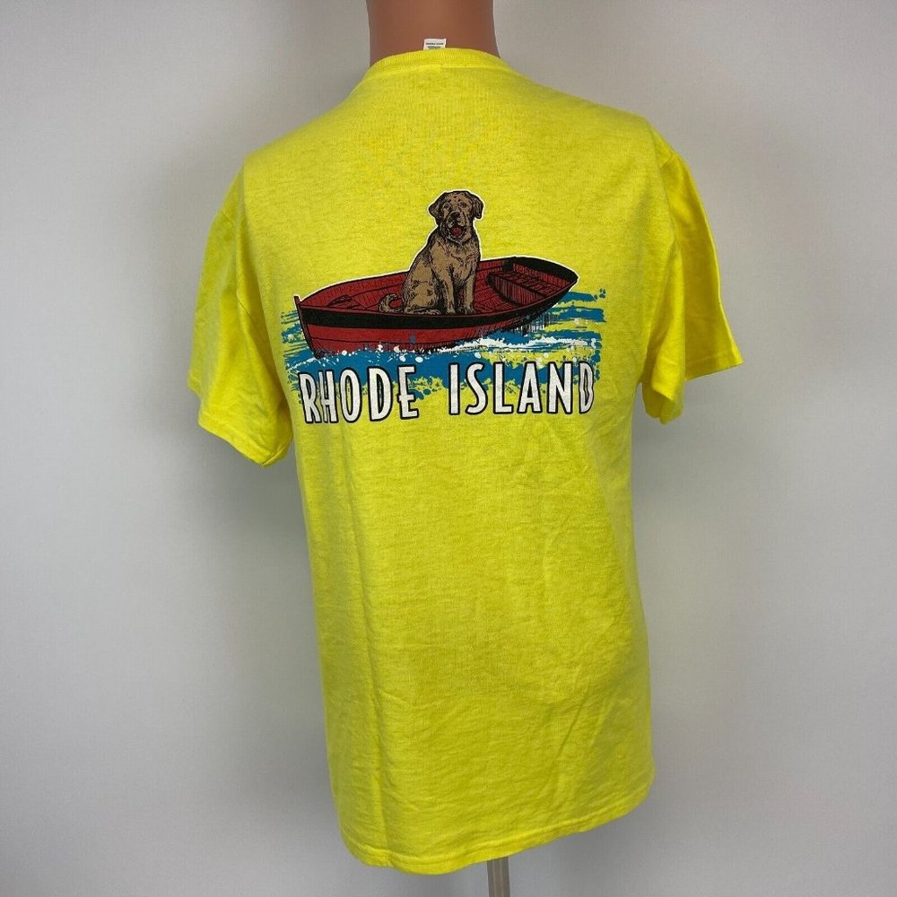 Rhode Island Dog On Wooden Boat Double Sided T Shirt Yellow Size M - Picture 2 of 4